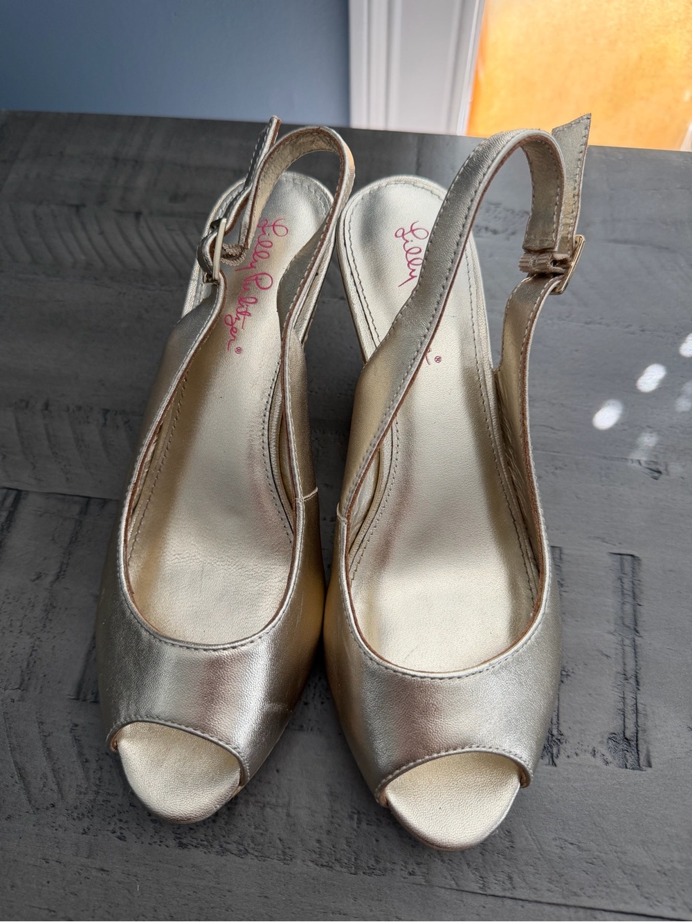 Lilly Pulitzer Metallic Gold Peep-Toe Slingback Wedges